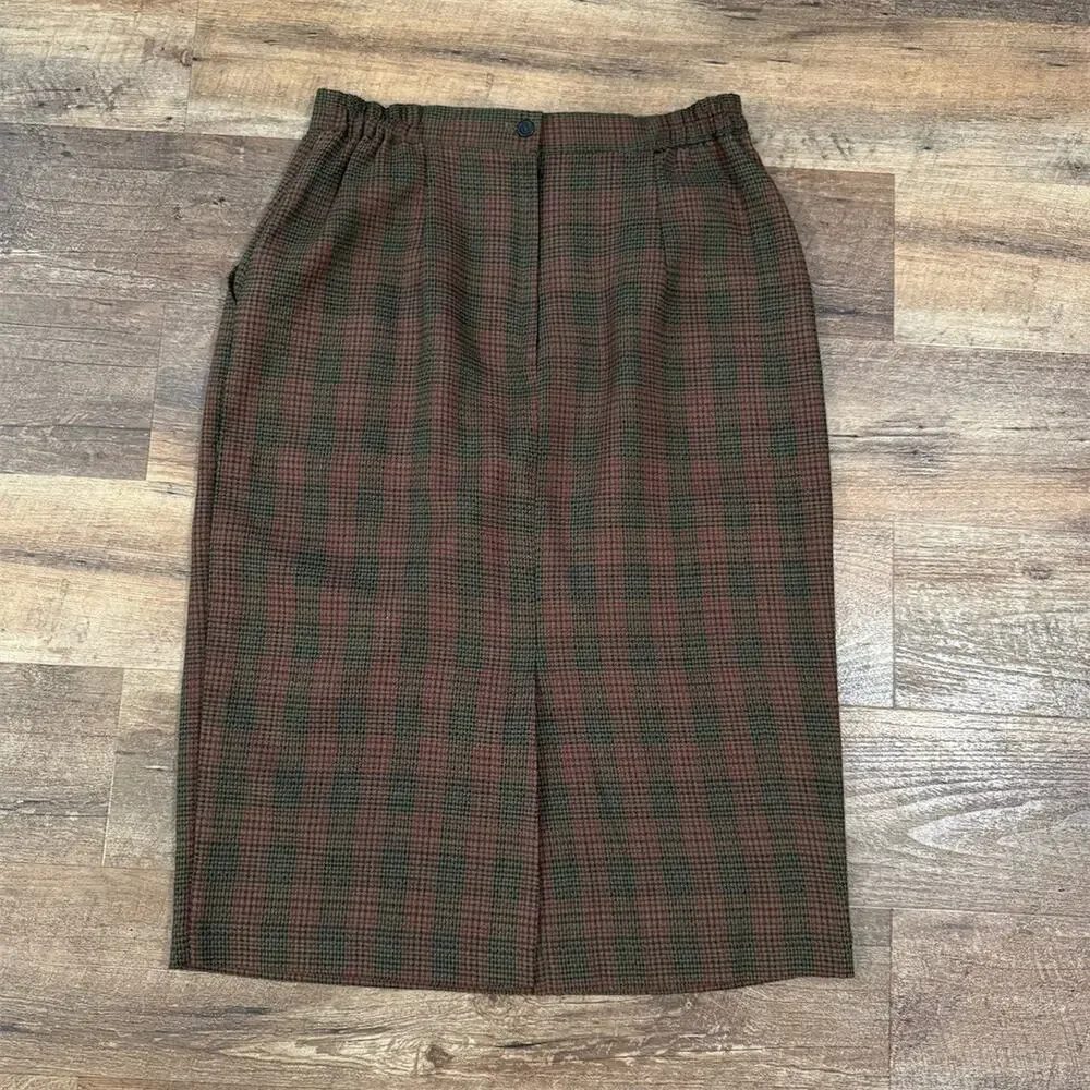 Vintage Katie Brooke Skirt 12 Green Burgundy Plaid Pencil Knee Academia Prep